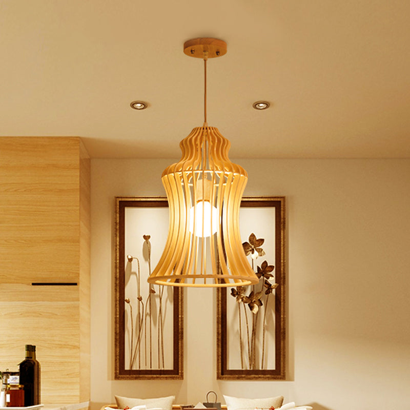 Curvaceous Cage Restaurant Hanging Light Wooden 1 Light Japanese Suspension Pendant with Inner Fabric Shade Beige Clearhalo 'Ceiling Lights' 'Pendant Lights' 'Pendants' Lighting' 1458596_1da4792d-ab45-4655-aeec-5fe0d9462ca8