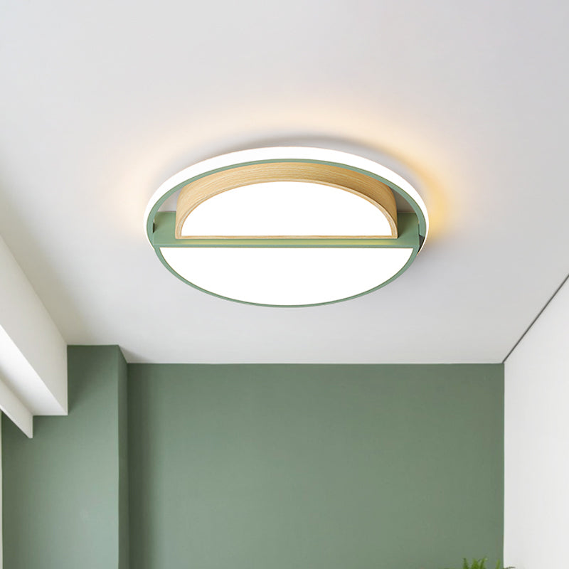 Macaron Sliced Round Iron Ceiling Fixture 16.5"/20.5" Wide LED Flush Mount Lighting in Green/Grey-Wood, Warm/White Light Green Clearhalo 'Ceiling Lights' 'Close To Ceiling Lights' 'Close to ceiling' 'Flush mount' Lighting' 1458627