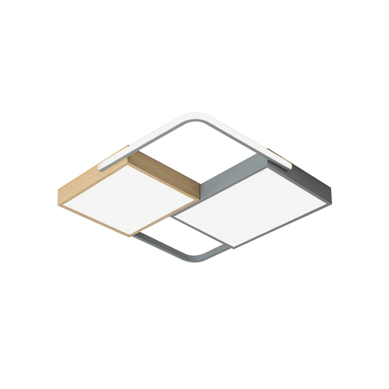 20.5"/34" Wide Nordic LED Ceiling Light Acrylic Grey and Wood Square/Rectangle Flush Mount with Grid Design, Warm/White Light Clearhalo 'Ceiling Lights' 'Close To Ceiling Lights' 'Close to ceiling' 'Flush mount' Lighting' 1458888