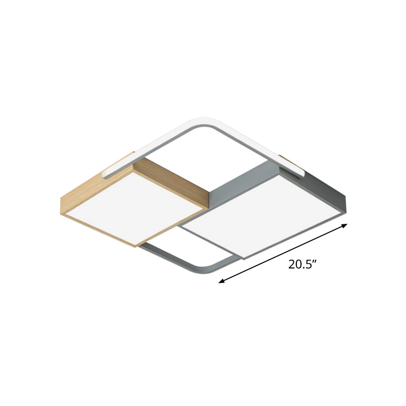 20.5"/34" Wide Nordic LED Ceiling Light Acrylic Grey and Wood Square/Rectangle Flush Mount with Grid Design, Warm/White Light Clearhalo 'Ceiling Lights' 'Close To Ceiling Lights' 'Close to ceiling' 'Flush mount' Lighting' 1458890
