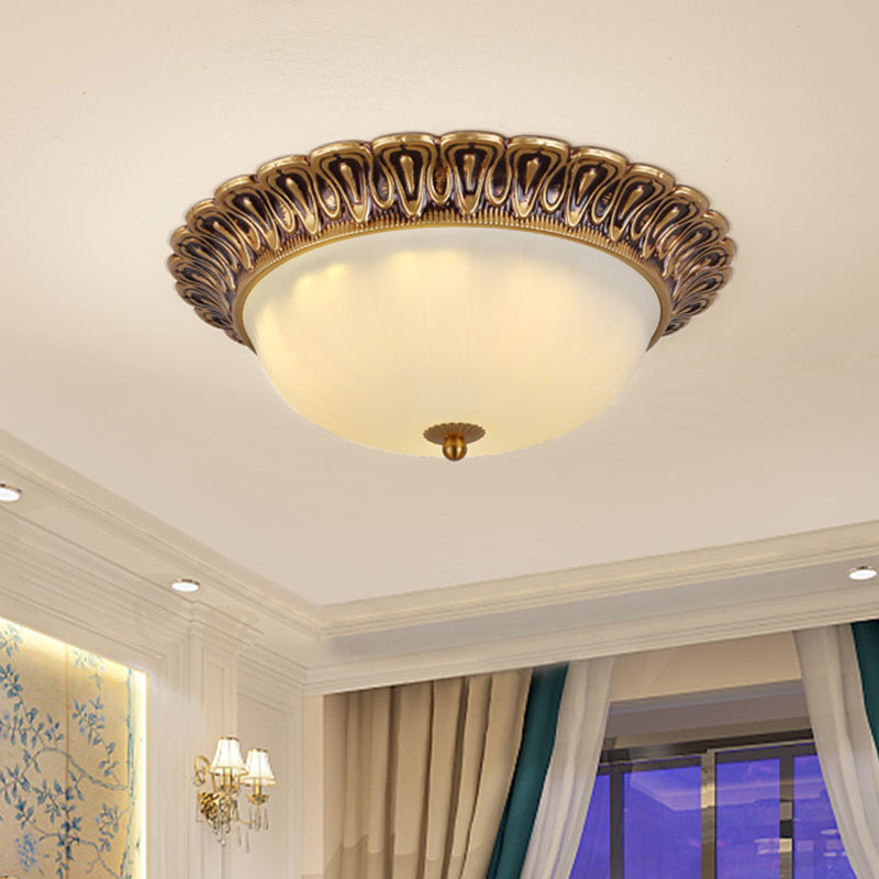 Minimalist Bowl Shaped Flushmount 2/3 Lights White Cloud Glass Ceiling Lighting Fixture with Brass Scalloped Trim Clearhalo 'Ceiling Lights' 'Close To Ceiling Lights' 'Close to ceiling' 'Flush mount' Lighting' 1458923