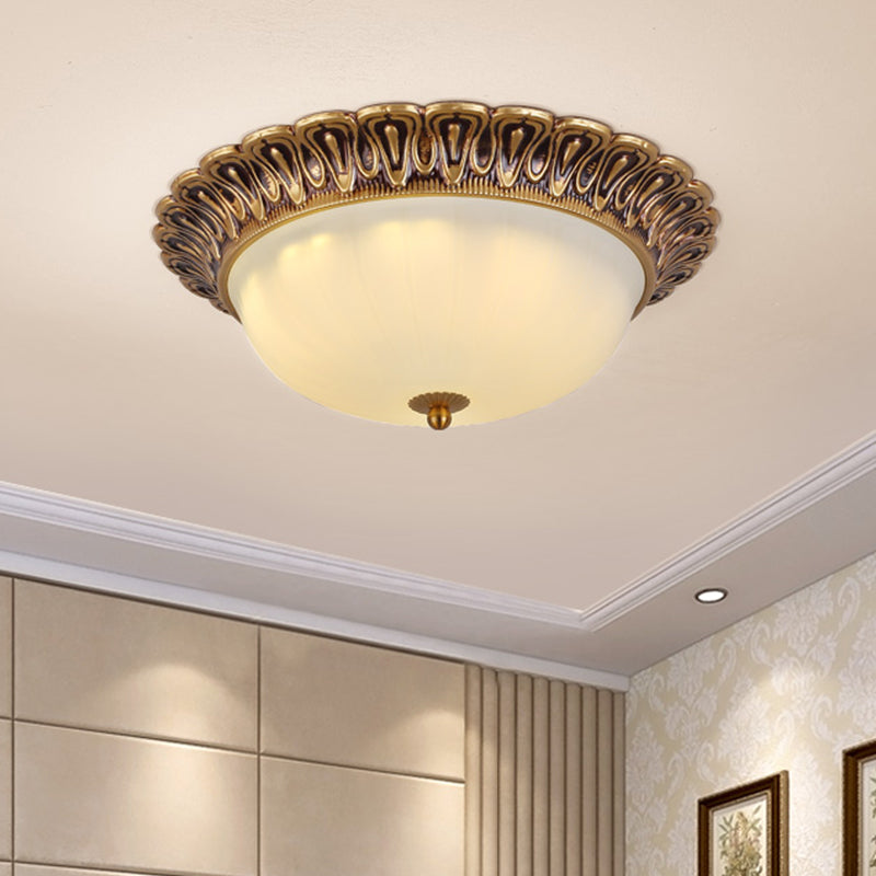 Minimalist Bowl Shaped Flushmount 2/3 Lights White Cloud Glass Ceiling Lighting Fixture with Brass Scalloped Trim Clearhalo 'Ceiling Lights' 'Close To Ceiling Lights' 'Close to ceiling' 'Flush mount' Lighting' 1458929