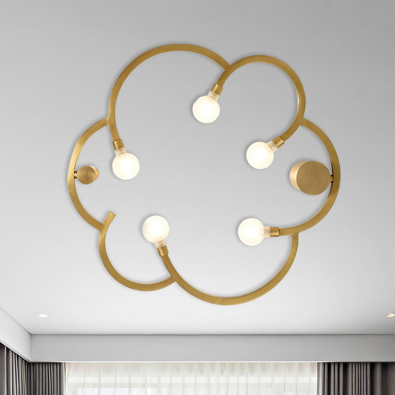 Vintage Bare Bulb Semi Flush 5 Bulbs Iron Flush Mount Light Fixture in Black/Gold with Flower Cage for Bedroom Gold A Clearhalo 'Ceiling Lights' 'Close To Ceiling Lights' 'Close to ceiling' 'Semi-flushmount' Lighting' 1458956