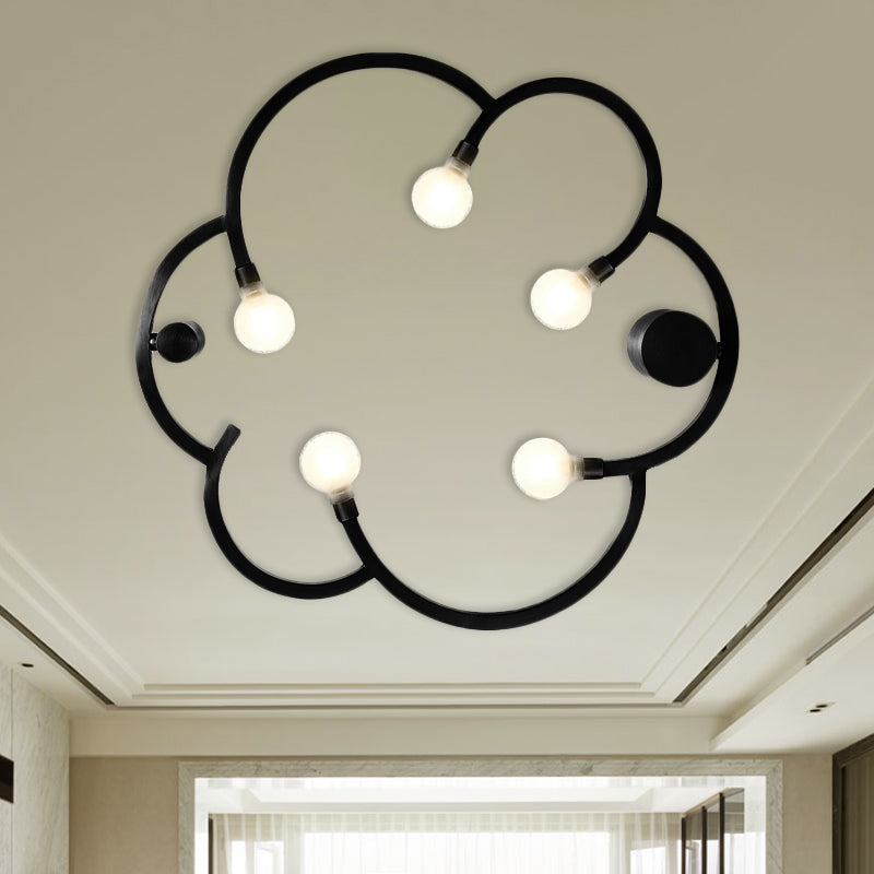 Vintage Bare Bulb Semi Flush 5 Bulbs Iron Flush Mount Light Fixture in Black/Gold with Flower Cage for Bedroom Black A Clearhalo 'Ceiling Lights' 'Close To Ceiling Lights' 'Close to ceiling' 'Semi-flushmount' Lighting' 1458961