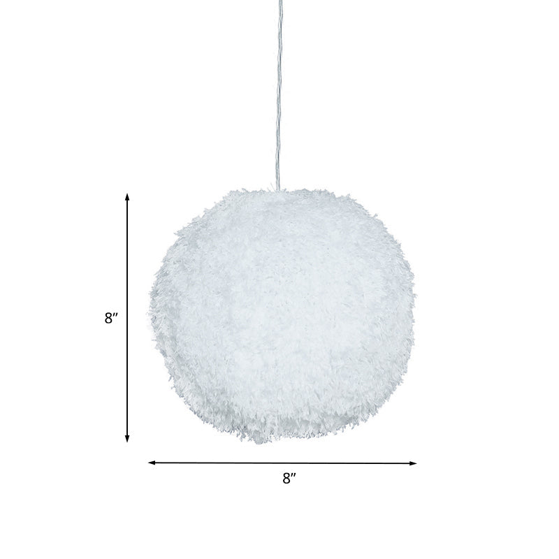 White Plush Globe Hanging Lamp Modern Vogue 1 Head Fabric Suspension Lighting for Bedroom, 8"/12" Dia Clearhalo 'Ceiling Lights' 'Modern Pendants' 'Modern' 'Pendant Lights' 'Pendants' Lighting' 1459146