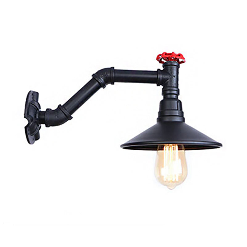 1 Head Pipe Wall Light with Cone Shade and Valve Vintage Industrial Black Metal Wall Lamp Sconce Clearhalo 'Art deco wall lights' 'Cast Iron' 'Glass' 'Industrial wall lights' 'Industrial' 'Middle century wall lights' 'Modern' 'Rustic wall lights' 'Tiffany' 'Traditional wall lights' 'Wall Lamps & Sconces' 'Wall Lights' Lighting' 145929