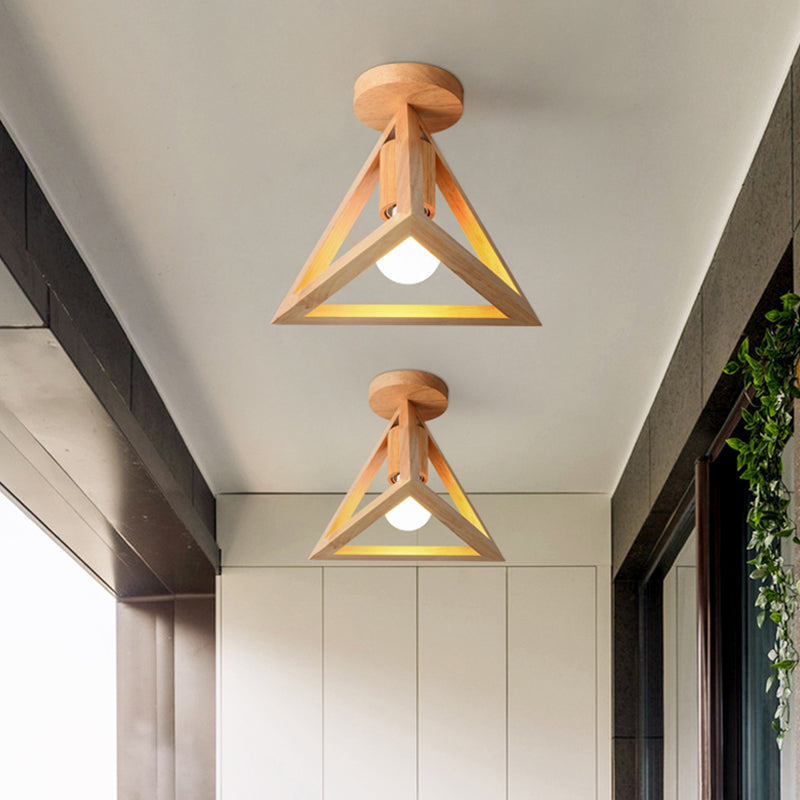 1-Light Foyer Semi Mount Lighting Minimalist Beige Ceiling Flush Light with Pyramid Wood Cage Clearhalo 'Ceiling Lights' 'Close To Ceiling Lights' 'Close to ceiling' 'Semi-flushmount' Lighting' 1459434
