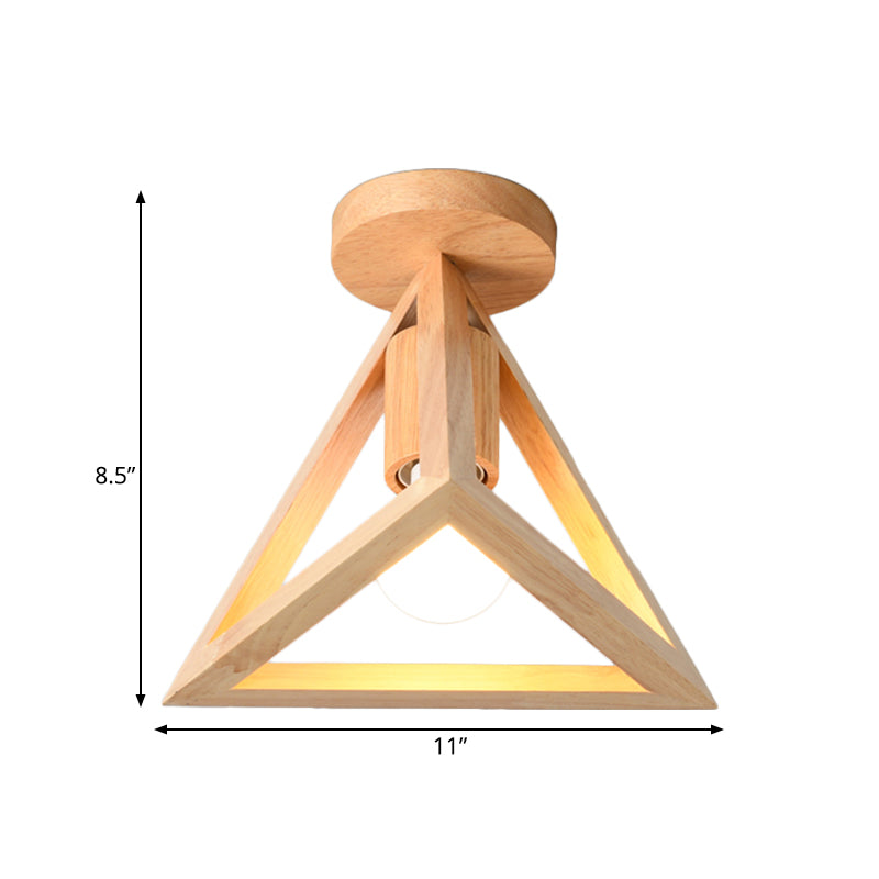 1-Light Foyer Semi Mount Lighting Minimalist Beige Ceiling Flush Light with Pyramid Wood Cage Clearhalo 'Ceiling Lights' 'Close To Ceiling Lights' 'Close to ceiling' 'Semi-flushmount' Lighting' 1459437