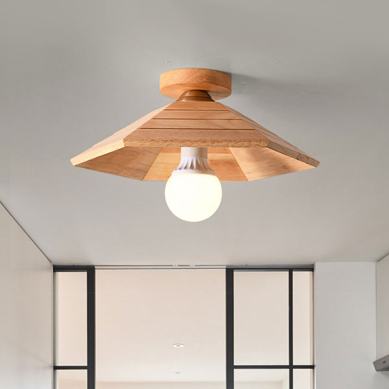 Ridged Saucer Semi Flush Ceiling Light Rural Wooden Single Beige Flush Mounted Lamp for Kitchen Wood Clearhalo 'Ceiling Lights' 'Close To Ceiling Lights' 'Close to ceiling' 'Semi-flushmount' Lighting' 1459443
