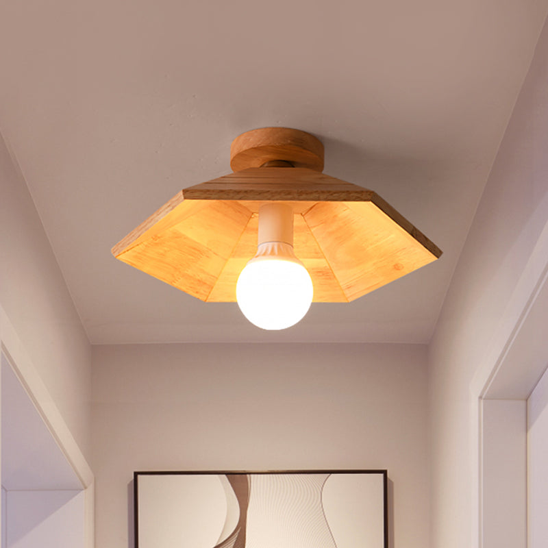 Ridged Saucer Semi Flush Ceiling Light Rural Wooden Single Beige Flush Mounted Lamp for Kitchen Clearhalo 'Ceiling Lights' 'Close To Ceiling Lights' 'Close to ceiling' 'Semi-flushmount' Lighting' 1459444