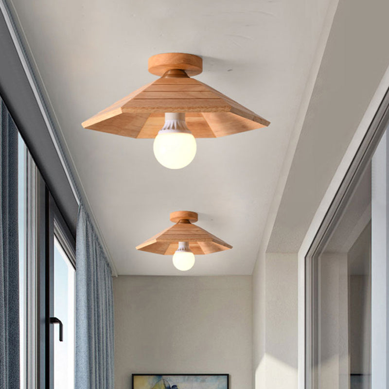 Ridged Saucer Semi Flush Ceiling Light Rural Wooden Single Beige Flush Mounted Lamp for Kitchen Clearhalo 'Ceiling Lights' 'Close To Ceiling Lights' 'Close to ceiling' 'Semi-flushmount' Lighting' 1459445