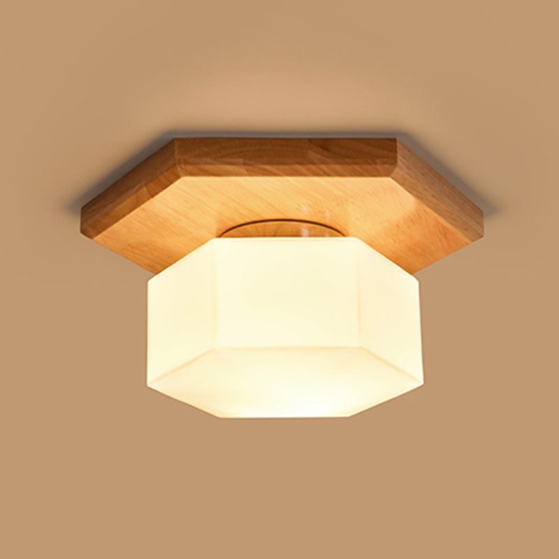 Cream Glass Hexagon Flush Ceiling Light Nordic 1 Light Flushmount Lighting with Wood Canopy Clearhalo 'Ceiling Lights' 'Close To Ceiling Lights' 'Close to ceiling' 'Flush mount' Lighting' 1459466
