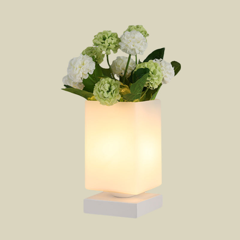 Art Deco Cone/Rectangle Night Lamp White Glass LED Nightstand Lighting with Flower Decoration for Bedroom Clearhalo 'Lamps' 'Table Lamps' Lighting' 1459765