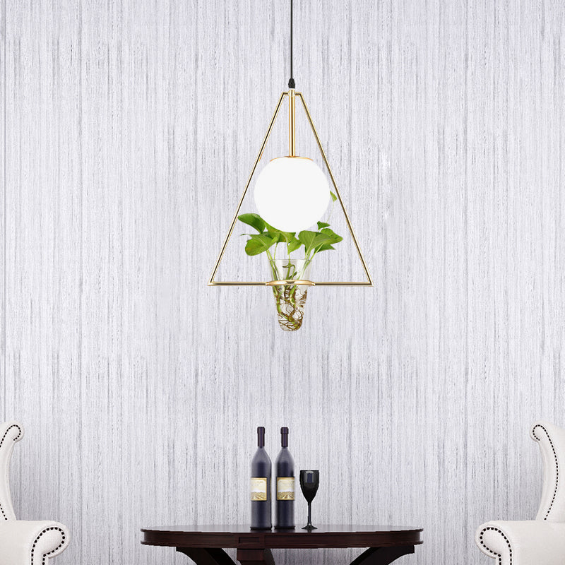 White Glass Globe Down Lighting Industrial 1-Light Restaurant Pendant in Black/Grey/Gold with Triangle Cage and Plant Pot Clearhalo 'Art Deco Pendants' 'Black' 'Cast Iron' 'Ceiling Lights' 'Ceramic' 'Crystal' 'Industrial Pendants' 'Industrial' 'Metal' 'Middle Century Pendants' 'Pendant Lights' 'Pendants' 'Rustic Pendants' 'Tiffany' Lighting' 1459795