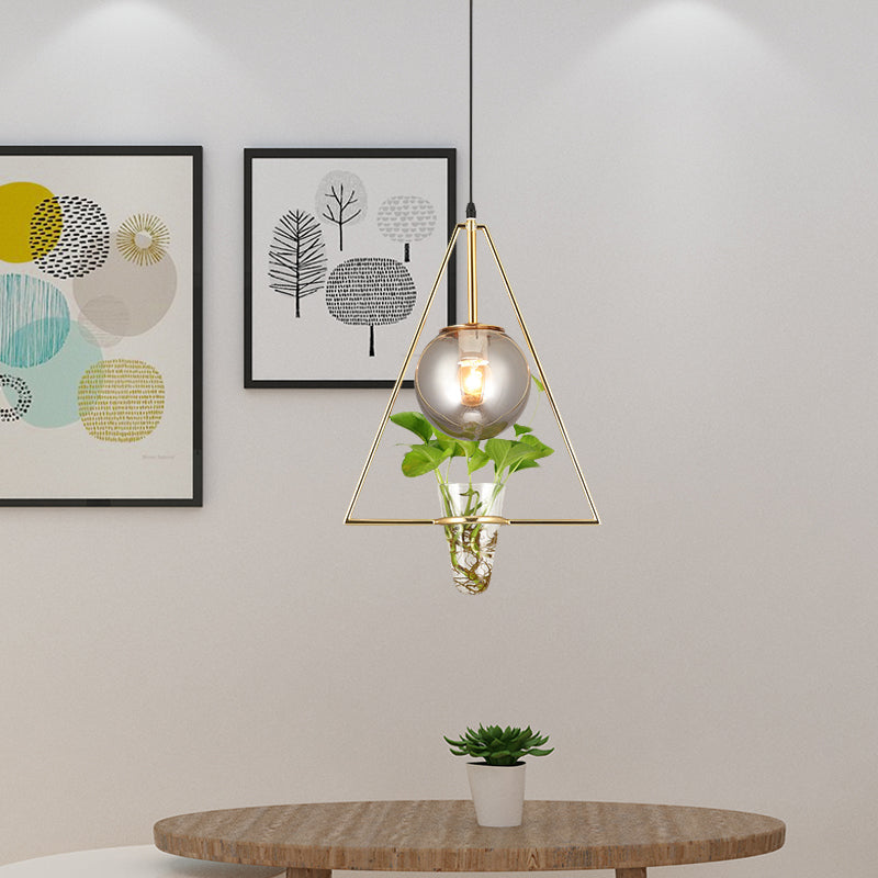 Smoke Gray Glass Orb Pendant Warehouse 1 Bulb Bedroom Hanging Light in Black/Grey/Gold with Triangle Frame and Plant Pot Gold Clearhalo 'Art Deco Pendants' 'Black' 'Cast Iron' 'Ceiling Lights' 'Ceramic' 'Crystal' 'Industrial Pendants' 'Industrial' 'Metal' 'Middle Century Pendants' 'Pendant Lights' 'Pendants' 'Rustic Pendants' 'Tiffany' Lighting' 1459805