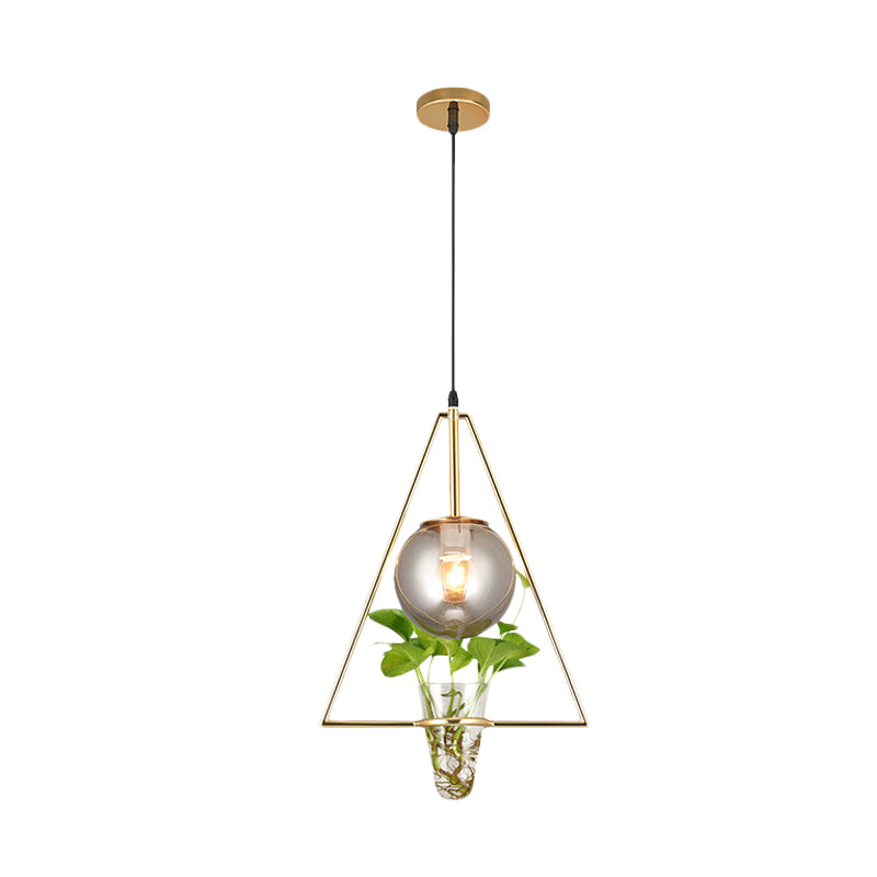 Smoke Gray Glass Orb Pendant Warehouse 1 Bulb Bedroom Hanging Light in Black/Grey/Gold with Triangle Frame and Plant Pot Clearhalo 'Art Deco Pendants' 'Black' 'Cast Iron' 'Ceiling Lights' 'Ceramic' 'Crystal' 'Industrial Pendants' 'Industrial' 'Metal' 'Middle Century Pendants' 'Pendant Lights' 'Pendants' 'Rustic Pendants' 'Tiffany' Lighting' 1459807