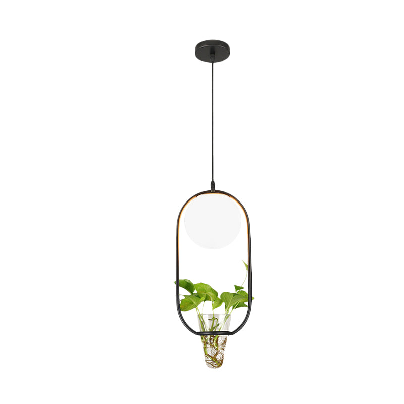 Opal Glass Globe Pendant Light Loft 1 Head Living Room Hanging Lamp in Black/Grey/Gold with Oblong Cage and Plant Cup Clearhalo 'Art Deco Pendants' 'Black' 'Cast Iron' 'Ceiling Lights' 'Ceramic' 'Crystal' 'Industrial Pendants' 'Industrial' 'Metal' 'Middle Century Pendants' 'Pendant Lights' 'Pendants' 'Rustic Pendants' 'Tiffany' Lighting' 1459810