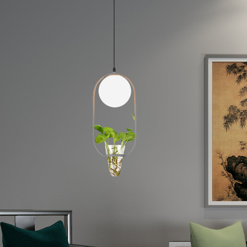 Opal Glass Globe Pendant Light Loft 1 Head Living Room Hanging Lamp in Black/Grey/Gold with Oblong Cage and Plant Cup Clearhalo 'Art Deco Pendants' 'Black' 'Cast Iron' 'Ceiling Lights' 'Ceramic' 'Crystal' 'Industrial Pendants' 'Industrial' 'Metal' 'Middle Century Pendants' 'Pendant Lights' 'Pendants' 'Rustic Pendants' 'Tiffany' Lighting' 1459814