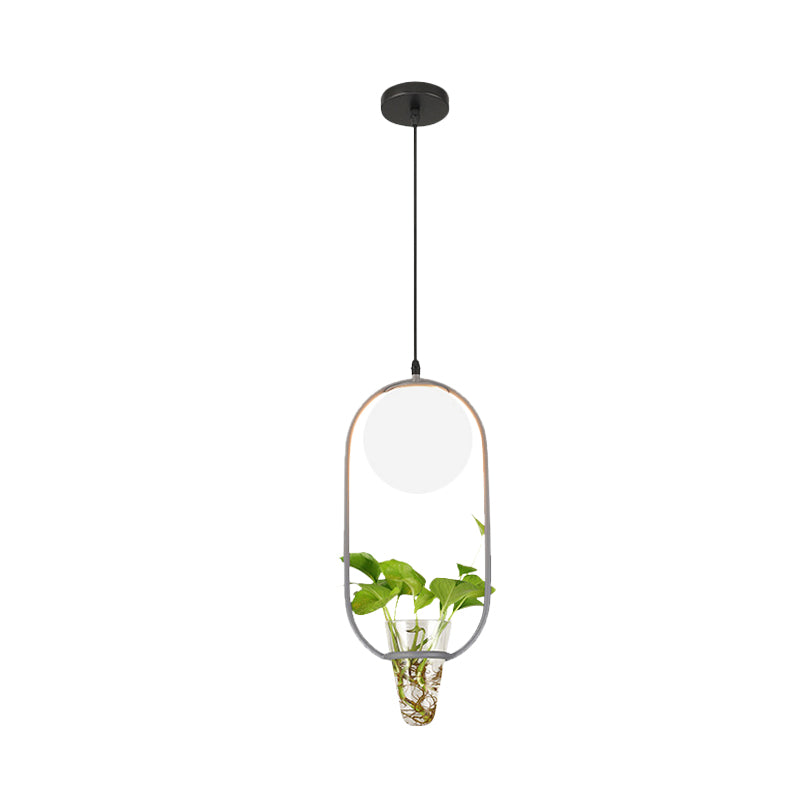 Opal Glass Globe Pendant Light Loft 1 Head Living Room Hanging Lamp in Black/Grey/Gold with Oblong Cage and Plant Cup Clearhalo 'Art Deco Pendants' 'Black' 'Cast Iron' 'Ceiling Lights' 'Ceramic' 'Crystal' 'Industrial Pendants' 'Industrial' 'Metal' 'Middle Century Pendants' 'Pendant Lights' 'Pendants' 'Rustic Pendants' 'Tiffany' Lighting' 1459815