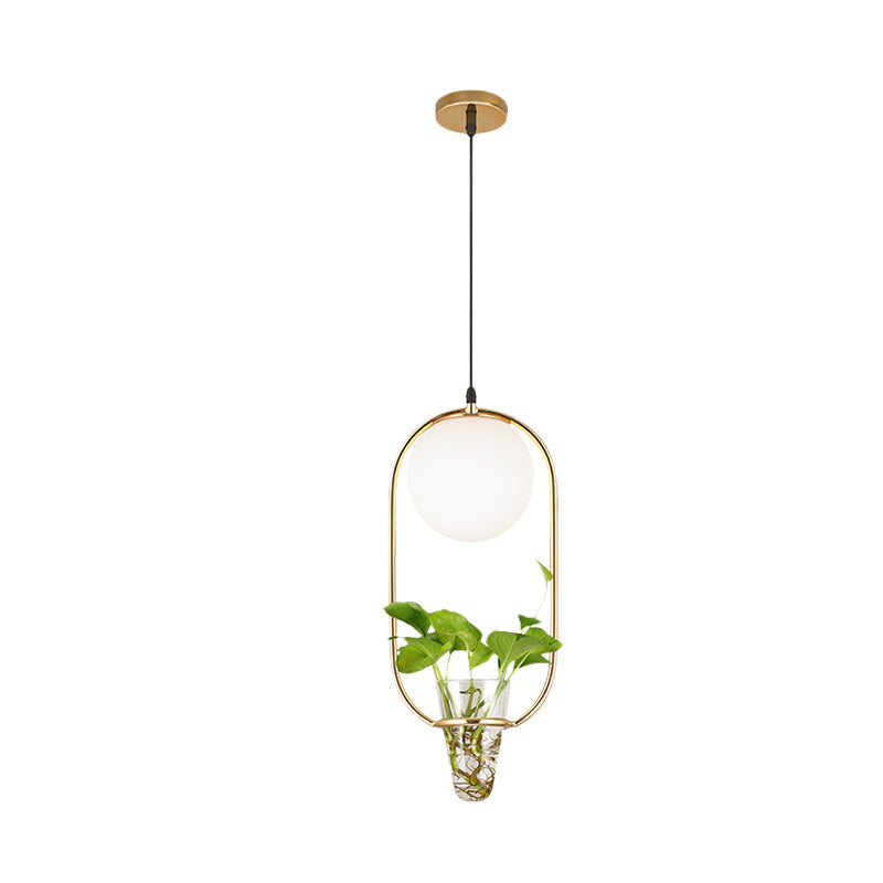 Opal Glass Globe Pendant Light Loft 1 Head Living Room Hanging Lamp in Black/Grey/Gold with Oblong Cage and Plant Cup Clearhalo 'Art Deco Pendants' 'Black' 'Cast Iron' 'Ceiling Lights' 'Ceramic' 'Crystal' 'Industrial Pendants' 'Industrial' 'Metal' 'Middle Century Pendants' 'Pendant Lights' 'Pendants' 'Rustic Pendants' 'Tiffany' Lighting' 1459818