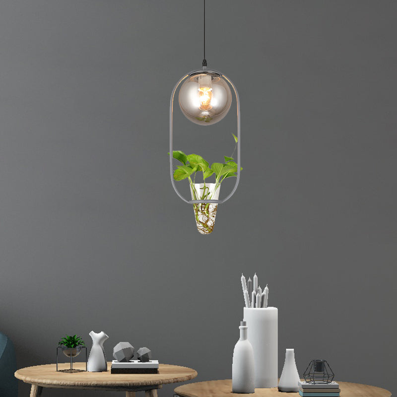 Industrial Global Hanging Ceiling Light 1 Bulb Smoke Gray Glass Pendant Lamp in Black/Grey/Gold with Oval Cage and Plant Cup Grey Clearhalo 'Art Deco Pendants' 'Black' 'Cast Iron' 'Ceiling Lights' 'Ceramic' 'Crystal' 'Industrial Pendants' 'Industrial' 'Metal' 'Middle Century Pendants' 'Pendant Lights' 'Pendants' 'Rustic Pendants' 'Tiffany' Lighting' 1459824