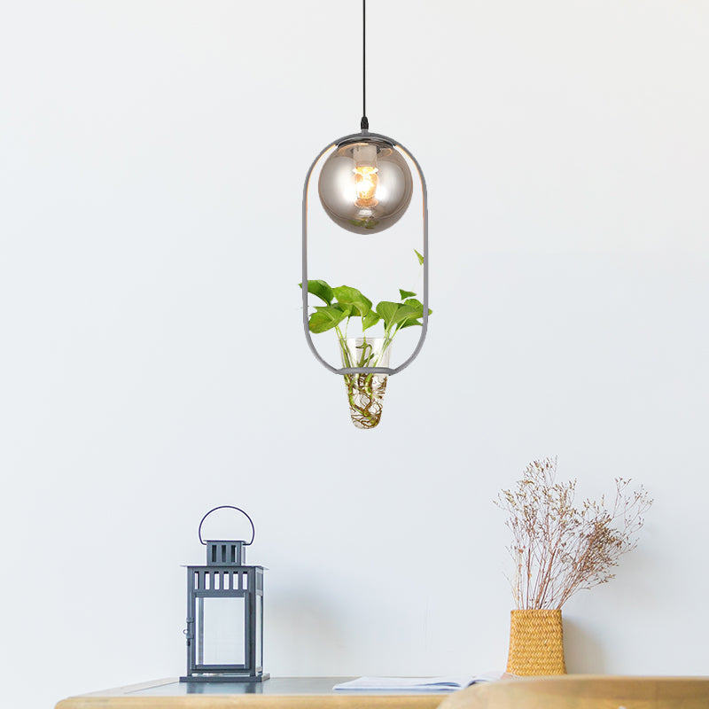 Industrial Global Hanging Ceiling Light 1 Bulb Smoke Gray Glass Pendant Lamp in Black/Grey/Gold with Oval Cage and Plant Cup Clearhalo 'Art Deco Pendants' 'Black' 'Cast Iron' 'Ceiling Lights' 'Ceramic' 'Crystal' 'Industrial Pendants' 'Industrial' 'Metal' 'Middle Century Pendants' 'Pendant Lights' 'Pendants' 'Rustic Pendants' 'Tiffany' Lighting' 1459825