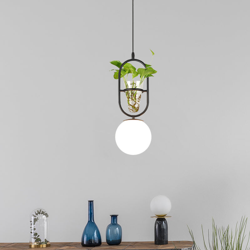 Factory Sphere Hanging Pendant 1 Head White Glass Ceiling Light in Black/Grey/Gold with Round/Oval Cage and Plant Cup Clearhalo 'Art Deco Pendants' 'Black' 'Cast Iron' 'Ceiling Lights' 'Ceramic' 'Crystal' 'Industrial Pendants' 'Industrial' 'Metal' 'Middle Century Pendants' 'Pendant Lights' 'Pendants' 'Rustic Pendants' 'Tiffany' Lighting' 1459831