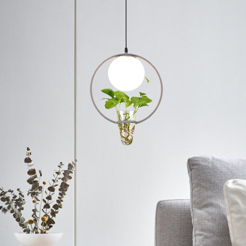 Factory Sphere Hanging Pendant 1 Head White Glass Ceiling Light in Black/Grey/Gold with Round/Oval Cage and Plant Cup Clearhalo 'Art Deco Pendants' 'Black' 'Cast Iron' 'Ceiling Lights' 'Ceramic' 'Crystal' 'Industrial Pendants' 'Industrial' 'Metal' 'Middle Century Pendants' 'Pendant Lights' 'Pendants' 'Rustic Pendants' 'Tiffany' Lighting' 1459836