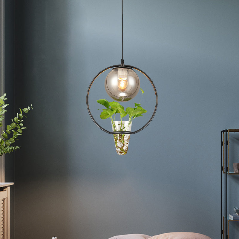 Ball Smoke Gray Glass Ceiling Light Warehouse 1 Light Restaurant Pendant in Black/Grey/Gold with Iron Ring and Plant Cup Black Clearhalo 'Art Deco Pendants' 'Black' 'Cast Iron' 'Ceiling Lights' 'Ceramic' 'Crystal' 'Industrial Pendants' 'Industrial' 'Metal' 'Middle Century Pendants' 'Pendant Lights' 'Pendants' 'Rustic Pendants' 'Tiffany' Lighting' 1459842