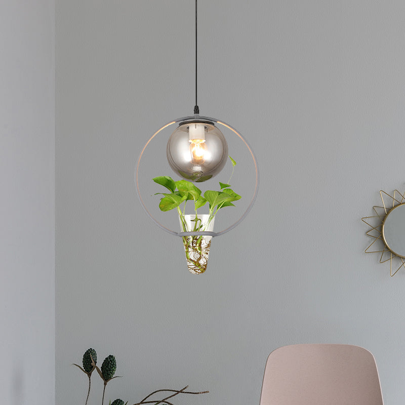 Ball Smoke Gray Glass Ceiling Light Warehouse 1 Light Restaurant Pendant in Black/Grey/Gold with Iron Ring and Plant Cup Grey Clearhalo 'Art Deco Pendants' 'Black' 'Cast Iron' 'Ceiling Lights' 'Ceramic' 'Crystal' 'Industrial Pendants' 'Industrial' 'Metal' 'Middle Century Pendants' 'Pendant Lights' 'Pendants' 'Rustic Pendants' 'Tiffany' Lighting' 1459847