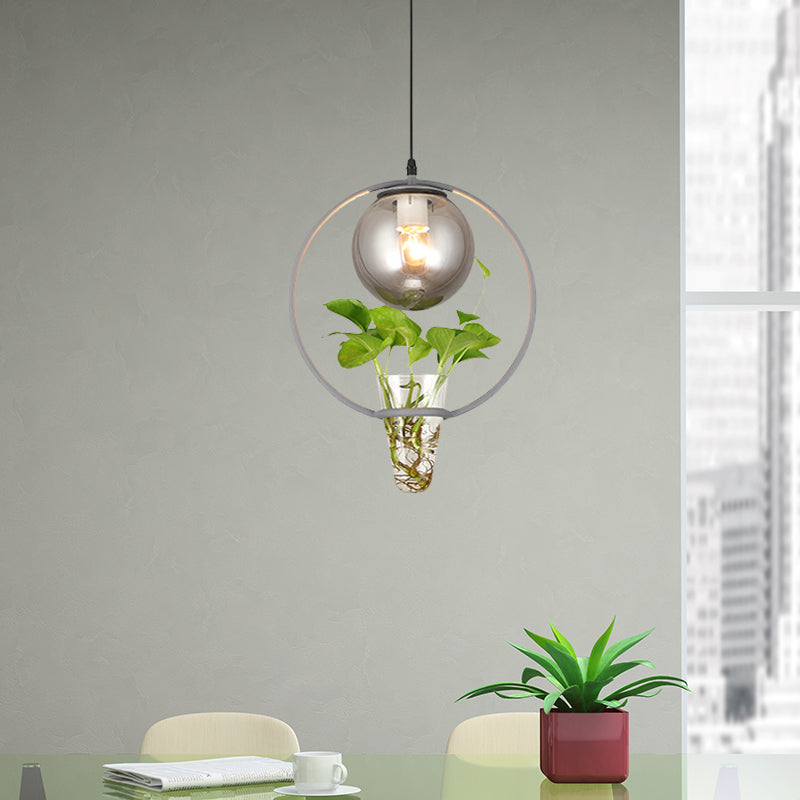 Ball Smoke Gray Glass Ceiling Light Warehouse 1 Light Restaurant Pendant in Black/Grey/Gold with Iron Ring and Plant Cup Clearhalo 'Art Deco Pendants' 'Black' 'Cast Iron' 'Ceiling Lights' 'Ceramic' 'Crystal' 'Industrial Pendants' 'Industrial' 'Metal' 'Middle Century Pendants' 'Pendant Lights' 'Pendants' 'Rustic Pendants' 'Tiffany' Lighting' 1459848