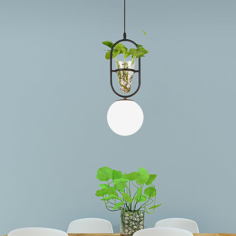 Elliptical Iron Pendant Lamp Loft 1 Light Bedroom Hanging Light in Black/Grey/Gold with Sphere Cream Glass Shade and Plant Cup Clearhalo 'Art Deco Pendants' 'Black' 'Cast Iron' 'Ceiling Lights' 'Ceramic' 'Crystal' 'Industrial Pendants' 'Industrial' 'Metal' 'Middle Century Pendants' 'Pendant Lights' 'Pendants' 'Rustic Pendants' 'Tiffany' Lighting' 1459854