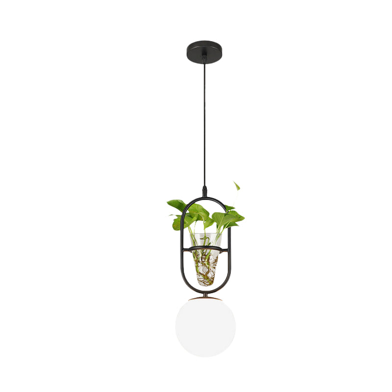Elliptical Iron Pendant Lamp Loft 1 Light Bedroom Hanging Light in Black/Grey/Gold with Sphere Cream Glass Shade and Plant Cup Clearhalo 'Art Deco Pendants' 'Black' 'Cast Iron' 'Ceiling Lights' 'Ceramic' 'Crystal' 'Industrial Pendants' 'Industrial' 'Metal' 'Middle Century Pendants' 'Pendant Lights' 'Pendants' 'Rustic Pendants' 'Tiffany' Lighting' 1459855