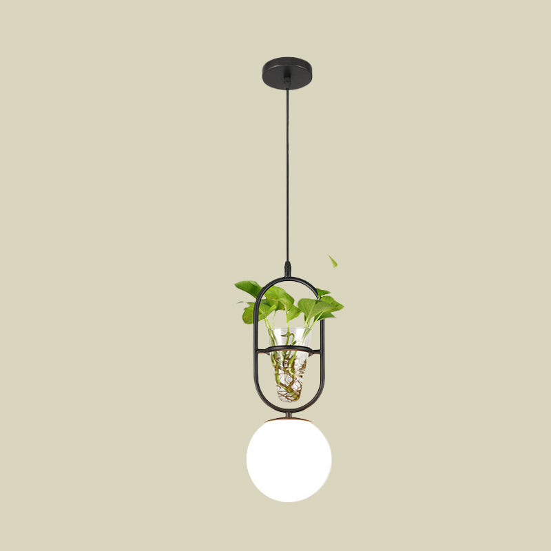 Elliptical Iron Pendant Lamp Loft 1 Light Bedroom Hanging Light in Black/Grey/Gold with Sphere Cream Glass Shade and Plant Cup Clearhalo 'Art Deco Pendants' 'Black' 'Cast Iron' 'Ceiling Lights' 'Ceramic' 'Crystal' 'Industrial Pendants' 'Industrial' 'Metal' 'Middle Century Pendants' 'Pendant Lights' 'Pendants' 'Rustic Pendants' 'Tiffany' Lighting' 1459856
