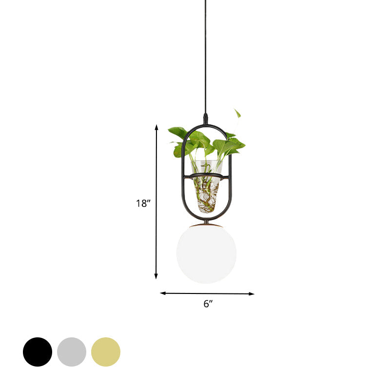 Elliptical Iron Pendant Lamp Loft 1 Light Bedroom Hanging Light in Black/Grey/Gold with Sphere Cream Glass Shade and Plant Cup Clearhalo 'Art Deco Pendants' 'Black' 'Cast Iron' 'Ceiling Lights' 'Ceramic' 'Crystal' 'Industrial Pendants' 'Industrial' 'Metal' 'Middle Century Pendants' 'Pendant Lights' 'Pendants' 'Rustic Pendants' 'Tiffany' Lighting' 1459857