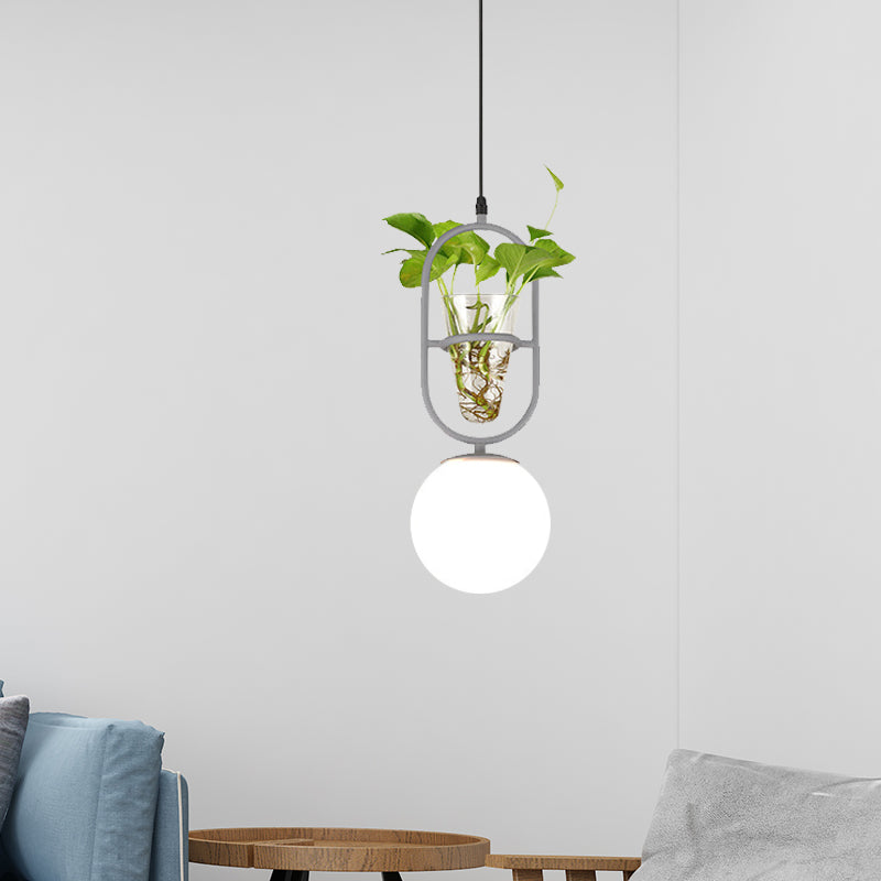 Elliptical Iron Pendant Lamp Loft 1 Light Bedroom Hanging Light in Black/Grey/Gold with Sphere Cream Glass Shade and Plant Cup Grey Clearhalo 'Art Deco Pendants' 'Black' 'Cast Iron' 'Ceiling Lights' 'Ceramic' 'Crystal' 'Industrial Pendants' 'Industrial' 'Metal' 'Middle Century Pendants' 'Pendant Lights' 'Pendants' 'Rustic Pendants' 'Tiffany' Lighting' 1459858
