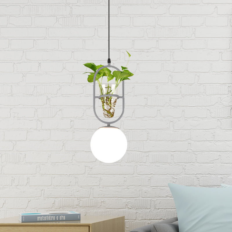 Elliptical Iron Pendant Lamp Loft 1 Light Bedroom Hanging Light in Black/Grey/Gold with Sphere Cream Glass Shade and Plant Cup Clearhalo 'Art Deco Pendants' 'Black' 'Cast Iron' 'Ceiling Lights' 'Ceramic' 'Crystal' 'Industrial Pendants' 'Industrial' 'Metal' 'Middle Century Pendants' 'Pendant Lights' 'Pendants' 'Rustic Pendants' 'Tiffany' Lighting' 1459859