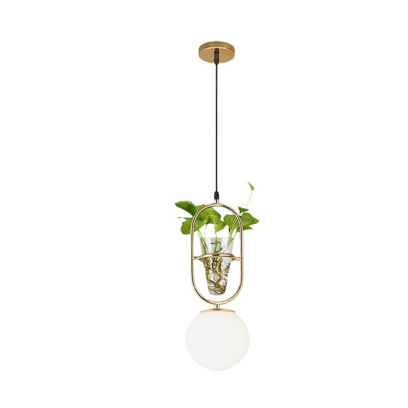 Elliptical Iron Pendant Lamp Loft 1 Light Bedroom Hanging Light in Black/Grey/Gold with Sphere Cream Glass Shade and Plant Cup Clearhalo 'Art Deco Pendants' 'Black' 'Cast Iron' 'Ceiling Lights' 'Ceramic' 'Crystal' 'Industrial Pendants' 'Industrial' 'Metal' 'Middle Century Pendants' 'Pendant Lights' 'Pendants' 'Rustic Pendants' 'Tiffany' Lighting' 1459863