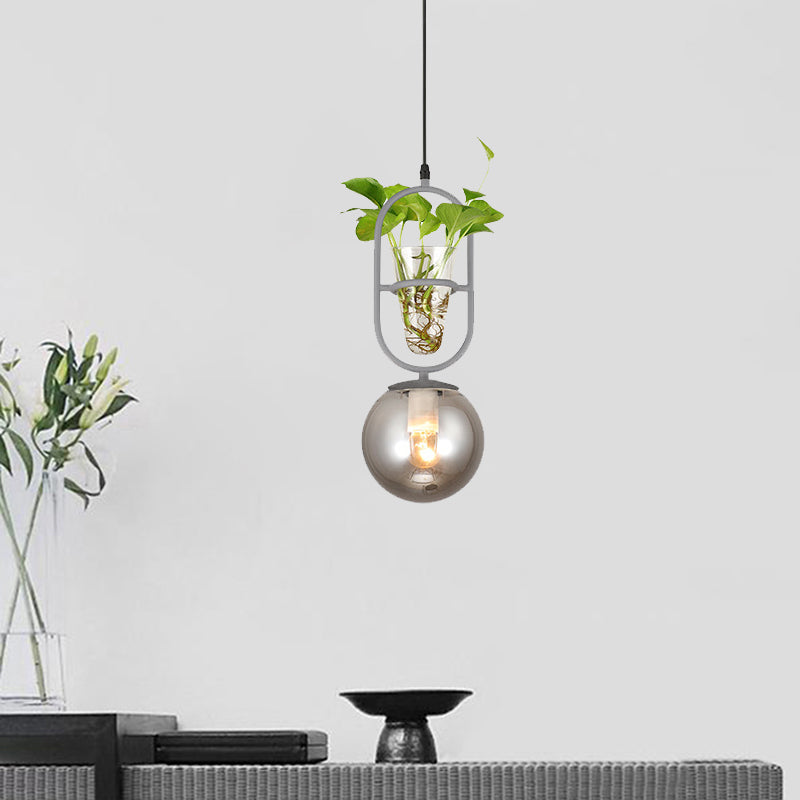 1-Head Hanging Light Loft Spherical Opal/Smoke Gray Glass Ceiling Lamp in Black/Grey/Gold with Oblong Frame and Plant Cup Grey Clearhalo 'Art Deco Pendants' 'Black' 'Cast Iron' 'Ceiling Lights' 'Ceramic' 'Crystal' 'Industrial Pendants' 'Industrial' 'Metal' 'Middle Century Pendants' 'Pendant Lights' 'Pendants' 'Rustic Pendants' 'Tiffany' Lighting' 1459869