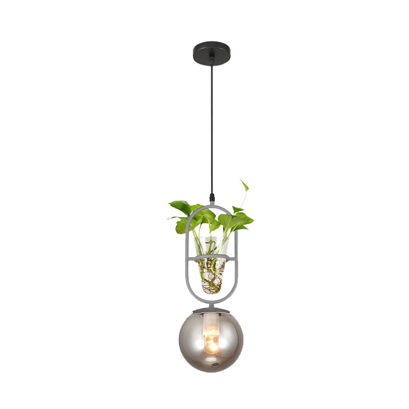 1-Head Hanging Light Loft Spherical Opal/Smoke Gray Glass Ceiling Lamp in Black/Grey/Gold with Oblong Frame and Plant Cup Clearhalo 'Art Deco Pendants' 'Black' 'Cast Iron' 'Ceiling Lights' 'Ceramic' 'Crystal' 'Industrial Pendants' 'Industrial' 'Metal' 'Middle Century Pendants' 'Pendant Lights' 'Pendants' 'Rustic Pendants' 'Tiffany' Lighting' 1459871