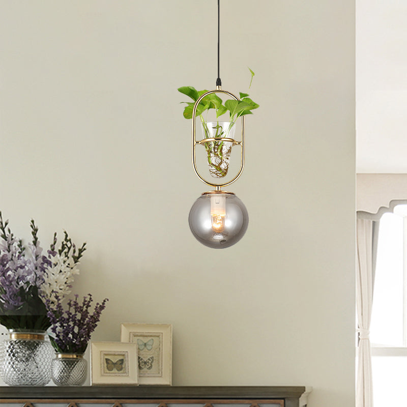 1-Head Hanging Light Loft Spherical Opal/Smoke Gray Glass Ceiling Lamp in Black/Grey/Gold with Oblong Frame and Plant Cup Clearhalo 'Art Deco Pendants' 'Black' 'Cast Iron' 'Ceiling Lights' 'Ceramic' 'Crystal' 'Industrial Pendants' 'Industrial' 'Metal' 'Middle Century Pendants' 'Pendant Lights' 'Pendants' 'Rustic Pendants' 'Tiffany' Lighting' 1459873