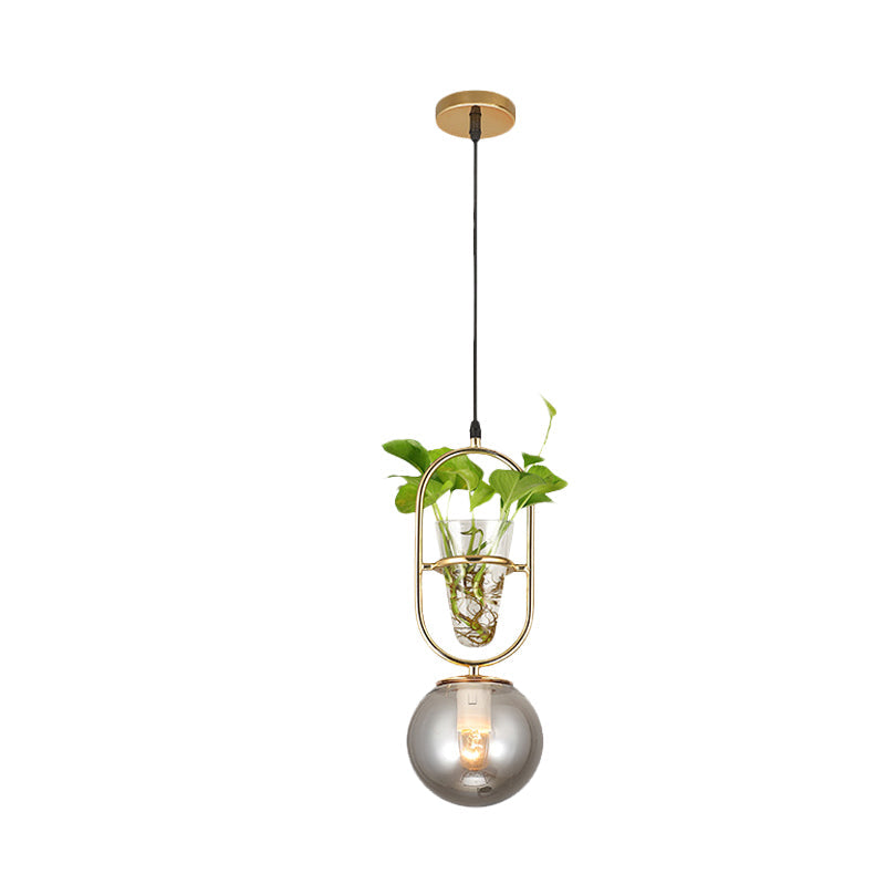 1-Head Hanging Light Loft Spherical Opal/Smoke Gray Glass Ceiling Lamp in Black/Grey/Gold with Oblong Frame and Plant Cup Clearhalo 'Art Deco Pendants' 'Black' 'Cast Iron' 'Ceiling Lights' 'Ceramic' 'Crystal' 'Industrial Pendants' 'Industrial' 'Metal' 'Middle Century Pendants' 'Pendant Lights' 'Pendants' 'Rustic Pendants' 'Tiffany' Lighting' 1459874