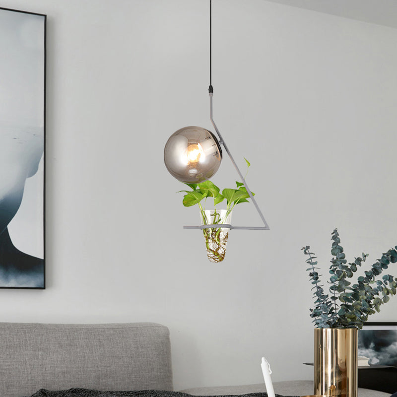 Sphere Bedroom Suspension Light Industrial Smoke Gray Glass 1 Light Black/Grey/Gold Ceiling Lamp with Plant Cup Clearhalo 'Art Deco Pendants' 'Black' 'Cast Iron' 'Ceiling Lights' 'Ceramic' 'Crystal' 'Industrial Pendants' 'Industrial' 'Metal' 'Middle Century Pendants' 'Pendant Lights' 'Pendants' 'Rustic Pendants' 'Tiffany' Lighting' 1459892