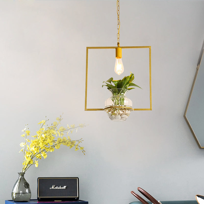 Vintage Square/Round/Gourd Pendant 1 Bulb Iron Down Lighting in Gold with Potted Plant for Living Room Gold A Clearhalo 'Art Deco Pendants' 'Cast Iron' 'Ceiling Lights' 'Ceramic' 'Crystal' 'Industrial Pendants' 'Industrial' 'Metal' 'Middle Century Pendants' 'Pendant Lights' 'Pendants' 'Tiffany' Lighting' 1459918