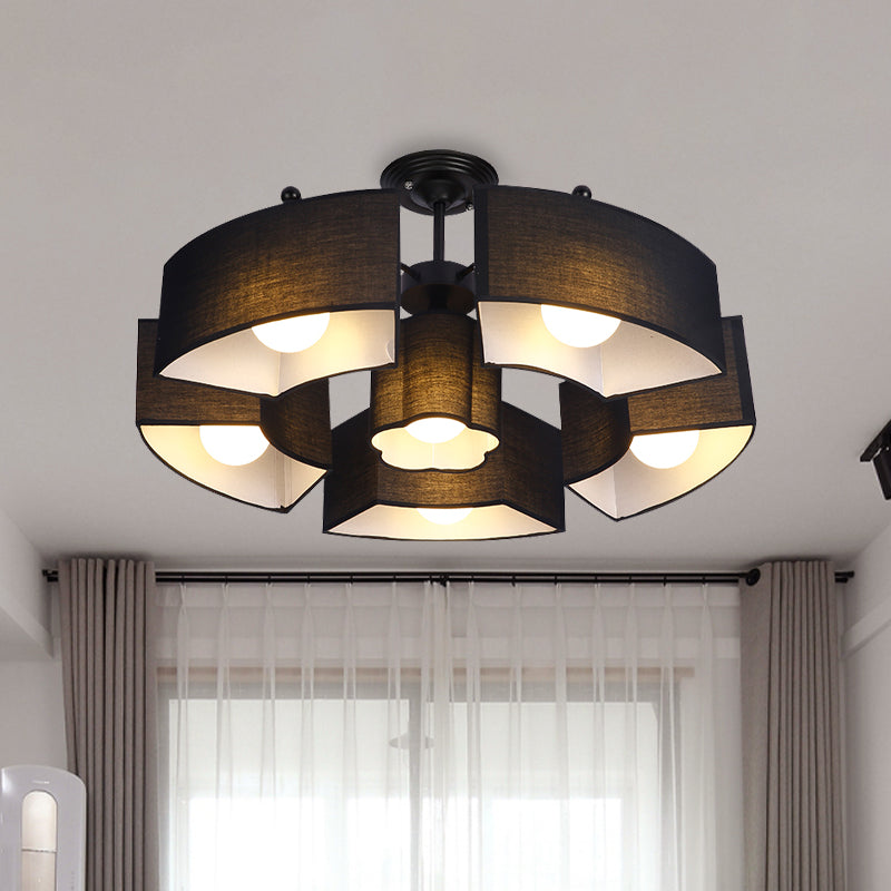 Black/White Curved Block Flushmount Contemporary 6 Heads Fabric Semi Mount Lighting for Living Room Clearhalo 'Ceiling Lights' 'Close To Ceiling Lights' 'Close to ceiling' 'Semi-flushmount' Lighting' 1459998