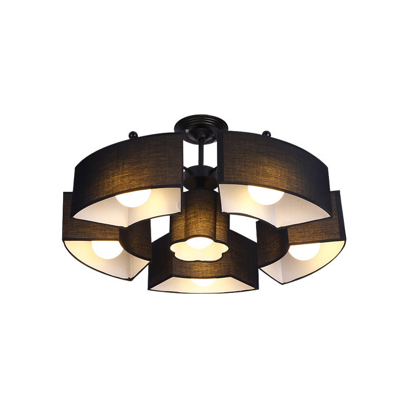 Black/White Curved Block Flushmount Contemporary 6 Heads Fabric Semi Mount Lighting for Living Room Clearhalo 'Ceiling Lights' 'Close To Ceiling Lights' 'Close to ceiling' 'Semi-flushmount' Lighting' 1459999