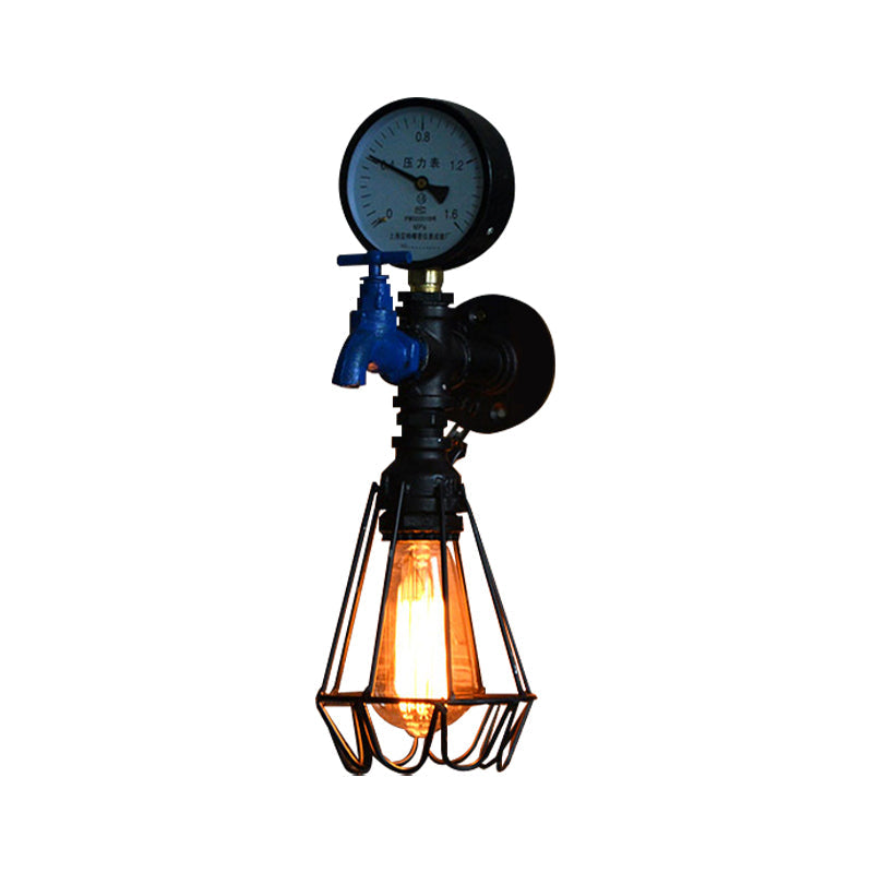Industrial Diamond Cage Wall Lamp 1 Light Wrought Iron Wall Lighting with Gauge and Faucet in Silver/Blue Clearhalo 'Art deco wall lights' 'Cast Iron' 'Glass' 'Industrial wall lights' 'Industrial' 'Middle century wall lights' 'Modern' 'Rustic wall lights' 'Tiffany' 'Traditional wall lights' 'Wall Lamps & Sconces' 'Wall Lights' Lighting' 146001