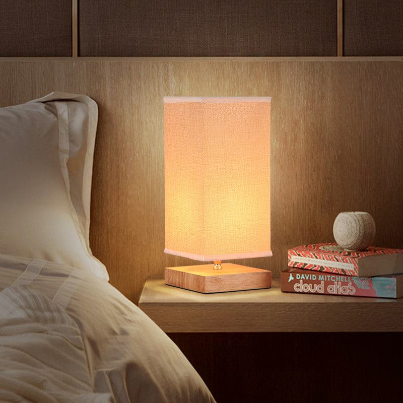 Simple Rectangle Fabric Table Lighting 1 Head Night Stand Lamp in Beige with Wood Pedestal Clearhalo 'Lamps' 'Table Lamps' Lighting' 1460041