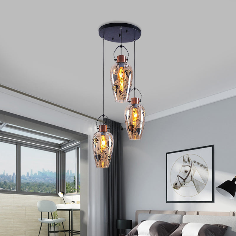 Gold Conical Multi Light Pendant Industrial Amber Glass 2/3 Heads Dining Room Ceiling Lamp with Maple Leaf Pattern Clearhalo 'Ceiling Lights' 'Close To Ceiling Lights' 'Glass shade' 'Glass' 'Industrial Pendants' 'Industrial' 'Middle Century Pendants' 'Pendant Lights' 'Pendants' 'Tiffany' Lighting' 1460231