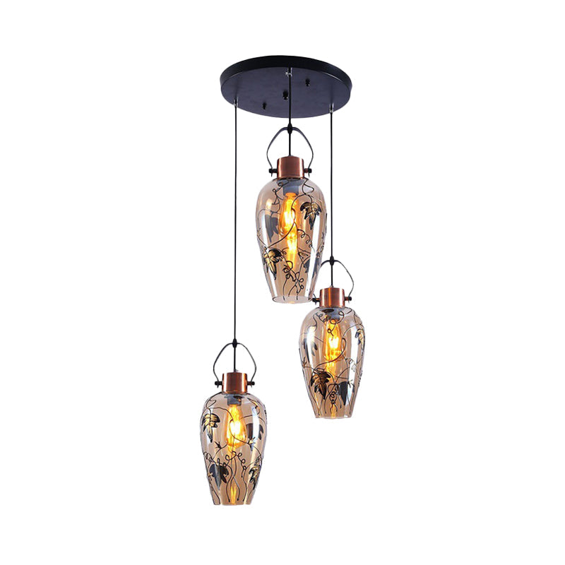 Gold Conical Multi Light Pendant Industrial Amber Glass 2/3 Heads Dining Room Ceiling Lamp with Maple Leaf Pattern Clearhalo 'Ceiling Lights' 'Close To Ceiling Lights' 'Glass shade' 'Glass' 'Industrial Pendants' 'Industrial' 'Middle Century Pendants' 'Pendant Lights' 'Pendants' 'Tiffany' Lighting' 1460232
